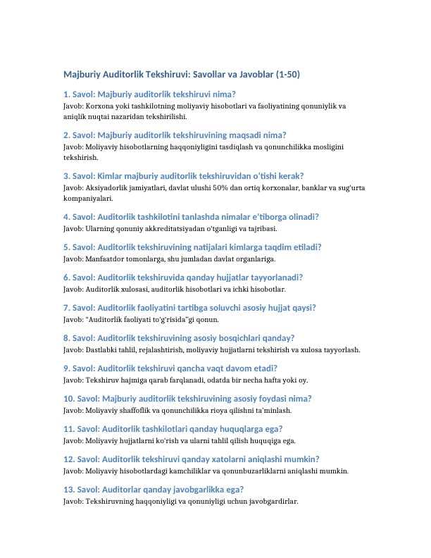Majburiy auditorlik tekshiruvidan 50 ta savolga 50 ta javob