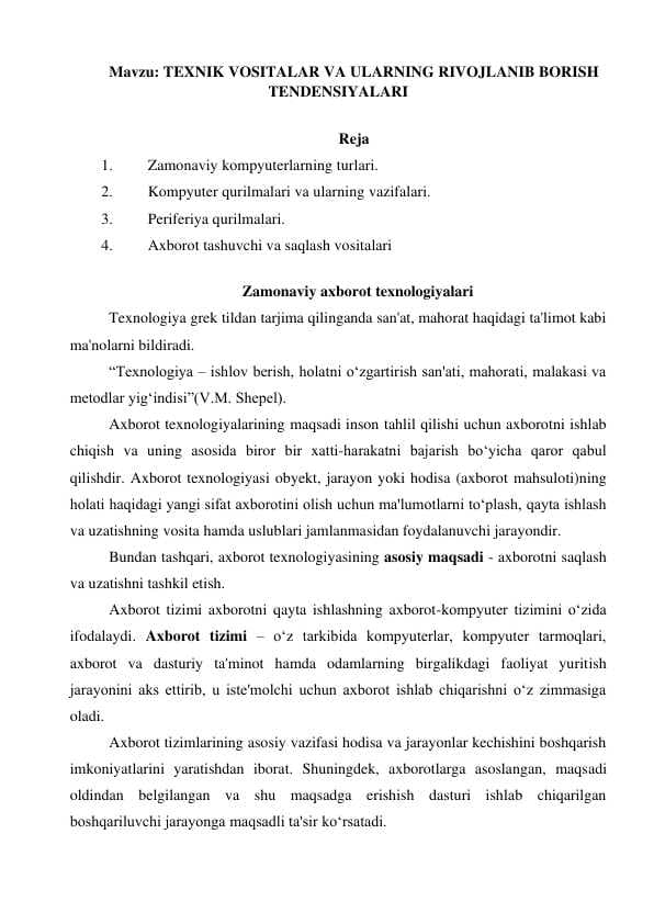 TEXNIK  VOSITALAR VA ULARNING RIVOJLANIB BORISH