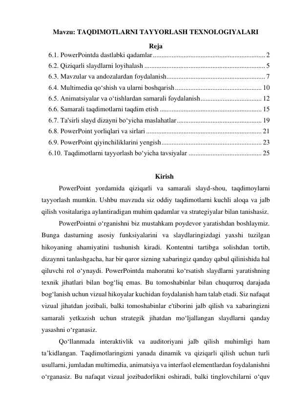TAQDIMOTLARNI TAYYORLASH TEXNOLOGIYALARI