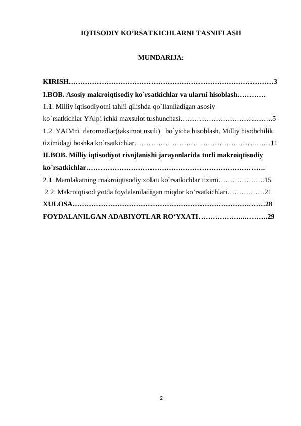 IQTISODIY KO’RSATKICHLARNI TASNIFLASH