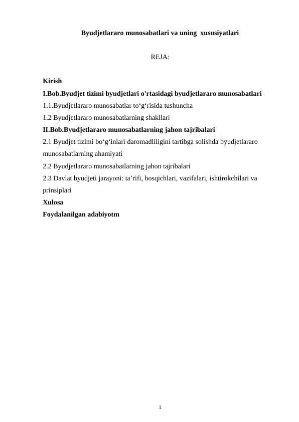 Byudjetlararo munosabatlari va uning  xususiyatlari