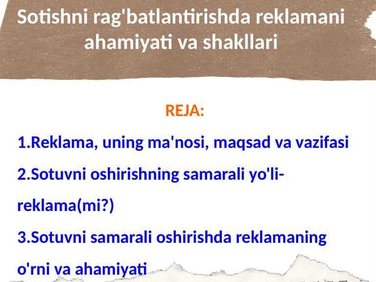 Sotishni rag'batlantirishda reklamani ahamiyati va shakllari
