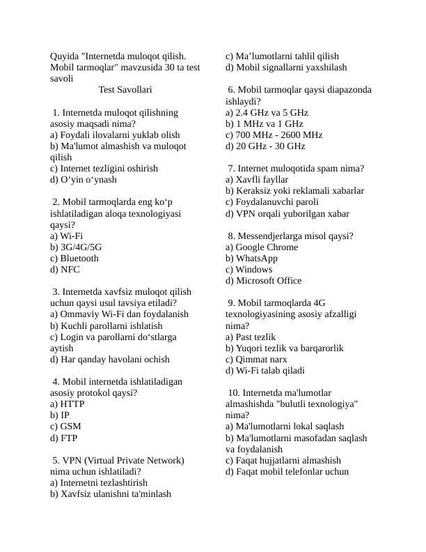 Internetda muloqot qilish. Mobil tarmoqlar mavzusida 30 ta test ( javoblari bilan )