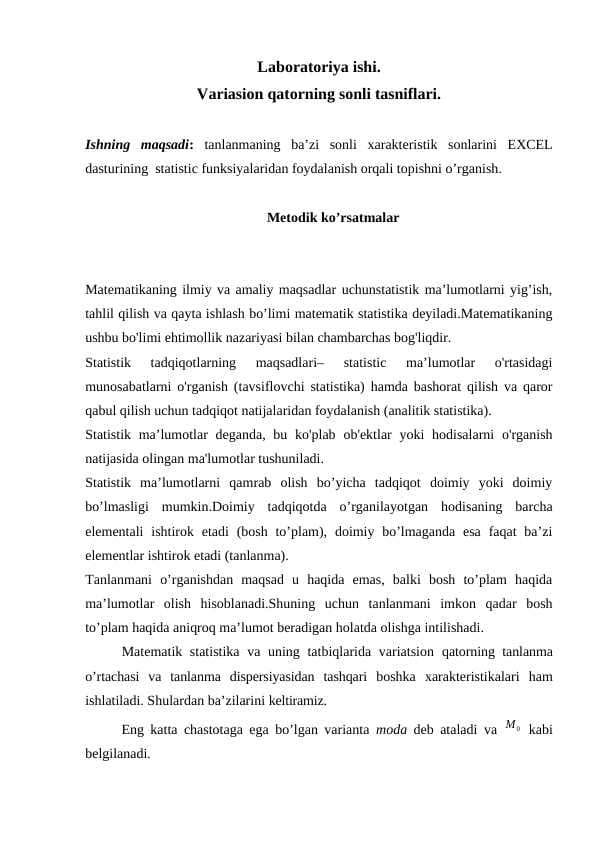 Variasion qatorning sonli tasniflari.