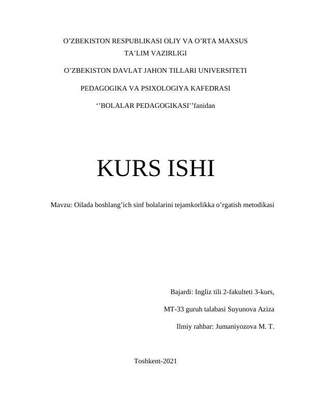 Oilada boshlang’ich sinf bolalarini tejamkorlikka o’rgatish metodikasi