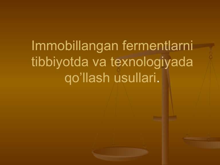 Fementlarni immobilizatsiya qilish.
Immobillangan fermentlarni tibbiyot va texnologiyada qo'llash usullari.