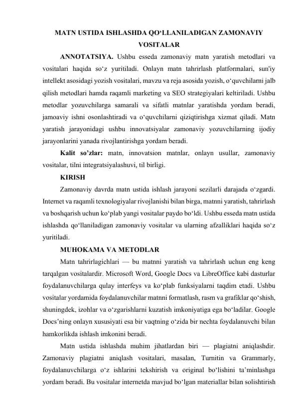 MATN USTIDA ISHLASHDA QO‘LLANILADIGAN ZAMONAVIY VOSITALAR