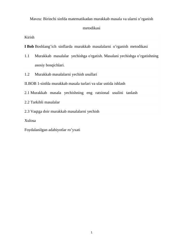 Birinchi sinfda matematikadan murakkab masala va ularni o’rganish metodikasi