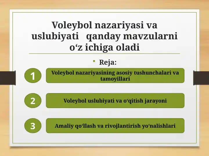 Voleybol nazariyasi va uslubiyati   qanday mavzularni o‘z ichiga oladi