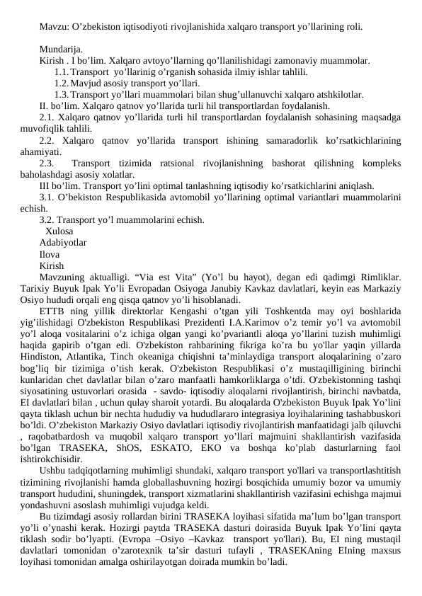 O’zbekiston iqtisodiyoti rivojlanishida xalqaro transport yo’llarining roli.