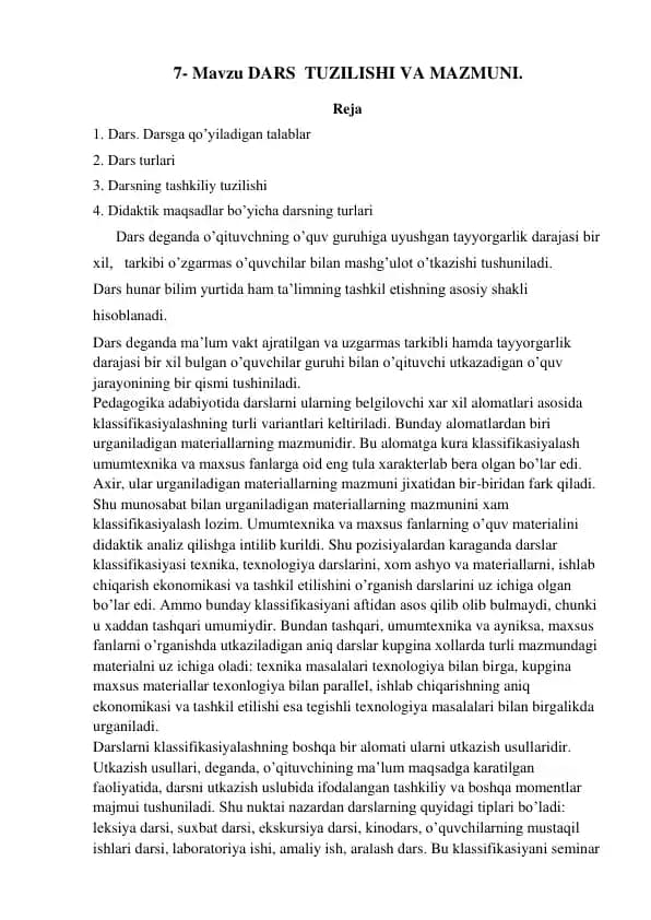 Dars Tuzilishi va Mazmuni