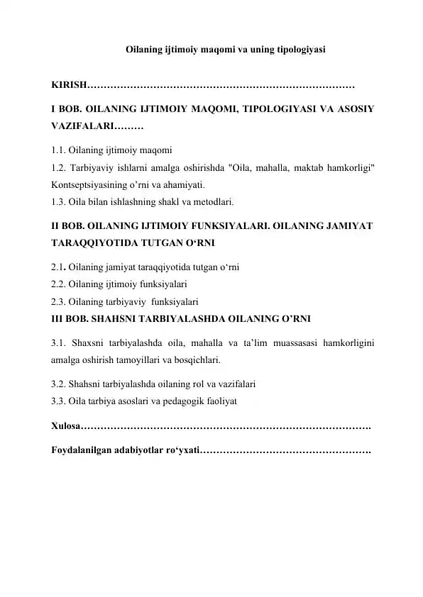 Oilaning ijtimoiy maqomi va uning tipologiyasi