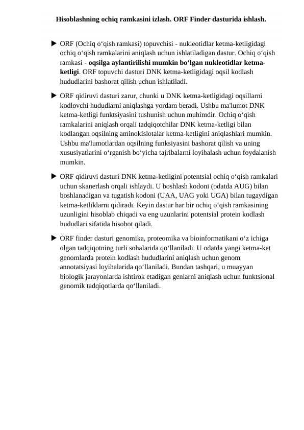 Hisoblashning ochiq ramkasini izlash. ORF Finder dasturida ishlash.