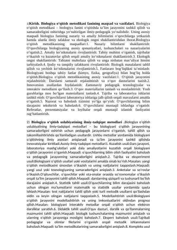 Biologiya o'qitish metodikasidan shipargalka