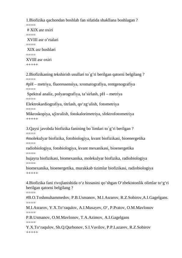 Biofizikadan yakuniy test javoblari bilan