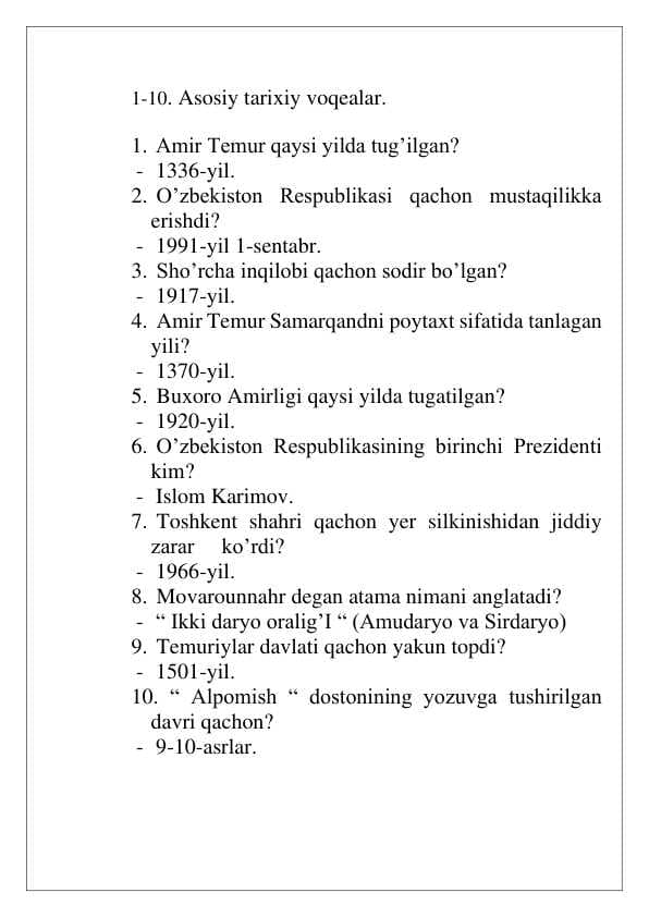 O'zbekiston Tarixi 50 savol-javob