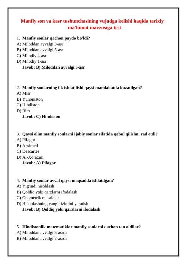 Manfiy son va kasr tushunchasining vujudga kelishi haqida tarixiy ma'lumot mavzusiga test