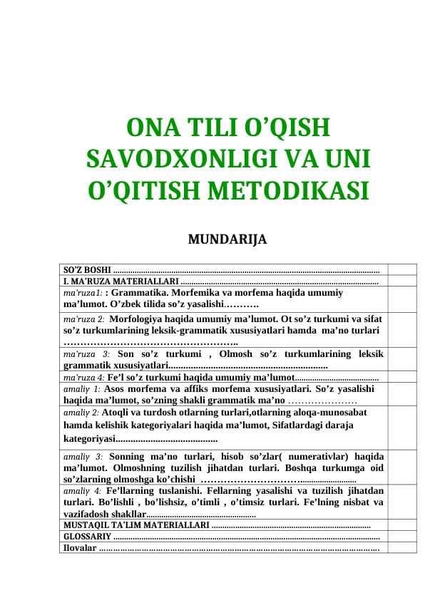 ONA TILI O’QISH SAVODXONLIGI VA UNI O’QITISH METODIKASI
