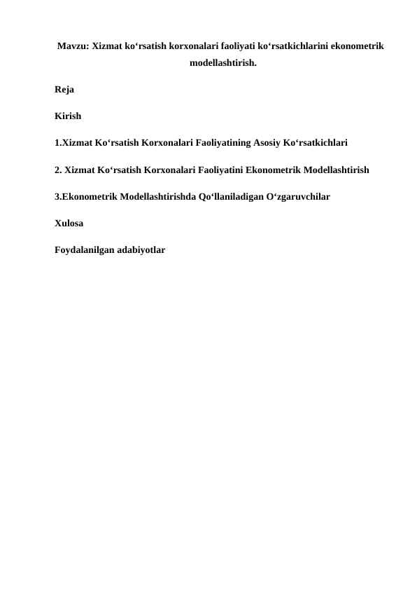 Xizmat ko‘rsatish korxonalari faoliyati ko‘rsatkichlarini ekonometrik modellashtirish.