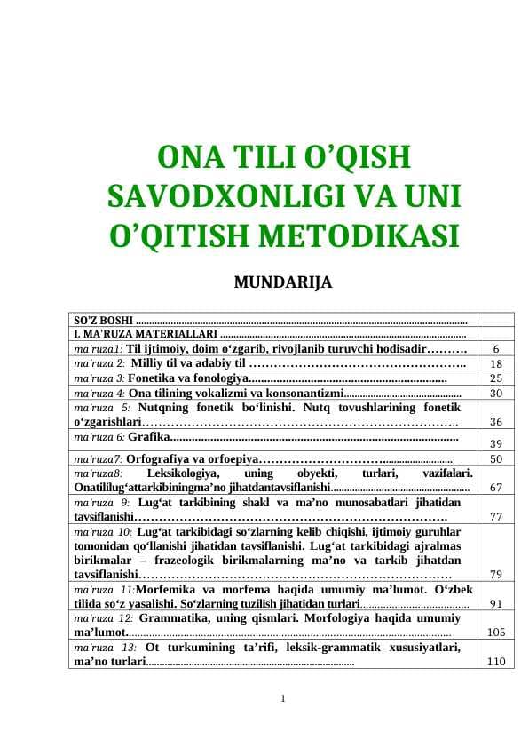 ONA TILI O’QISH SAVODXONLIGI VA UNI O’QITISH METODIKASI