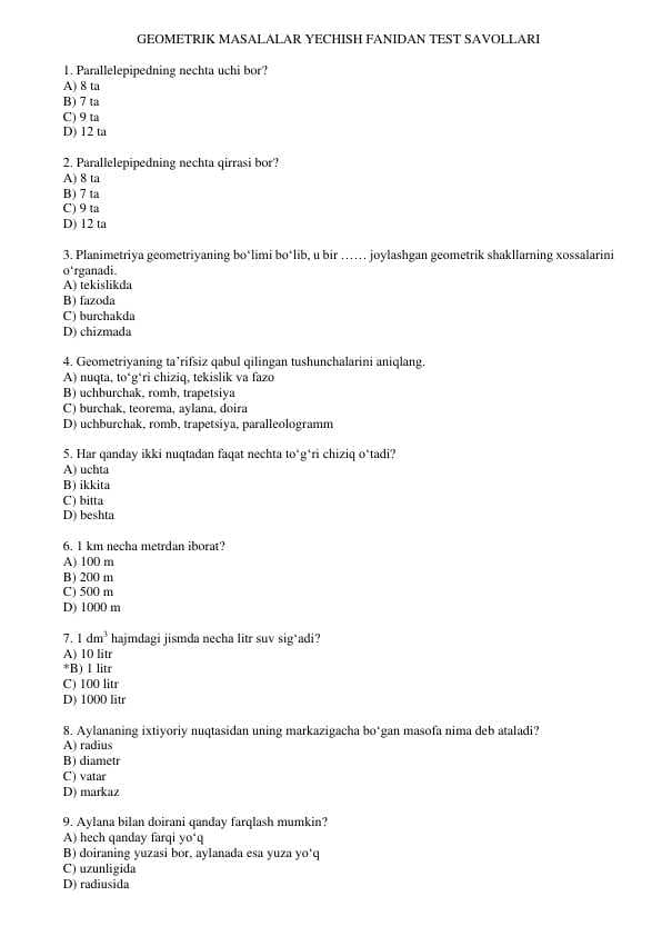 Geometrik masalalar yechish fanidan test savollari, javobsiz