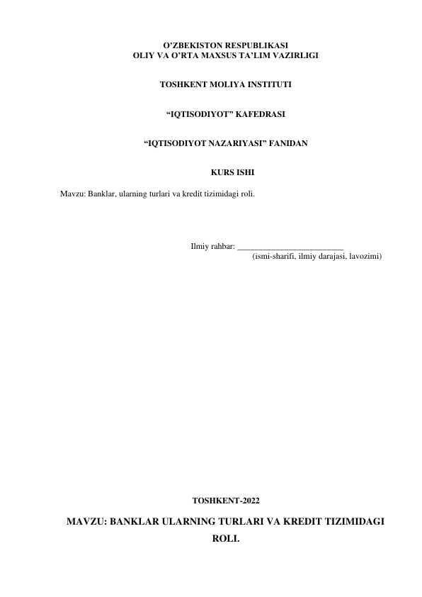 BANKLAR ULARNING TURLARI VA KREDIT TIZIMIDAGI ROLI
