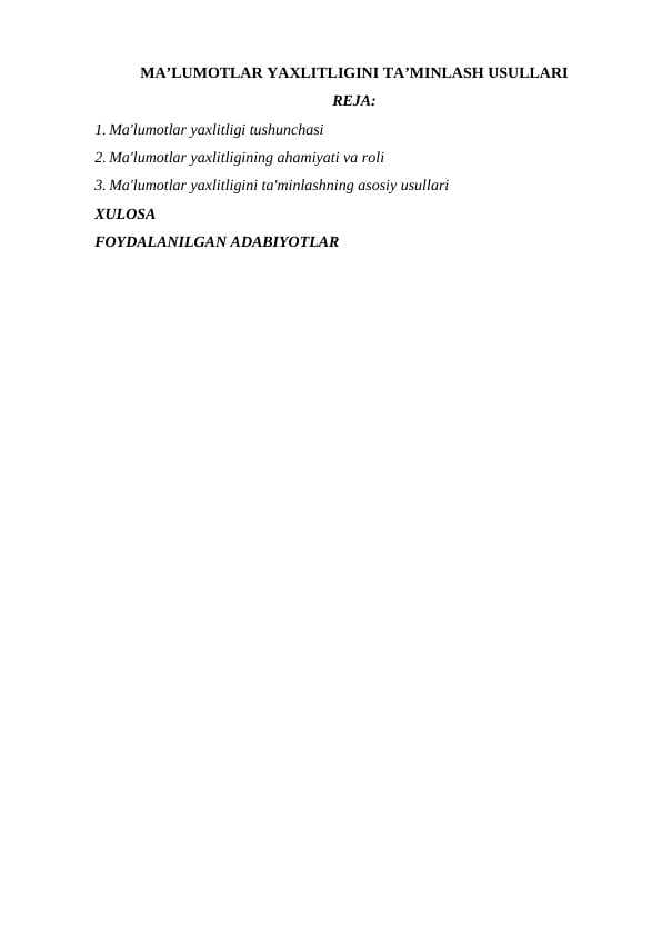 MA’LUMOTLAR YAXLITLIGINI TA’MINLASH USULLARI