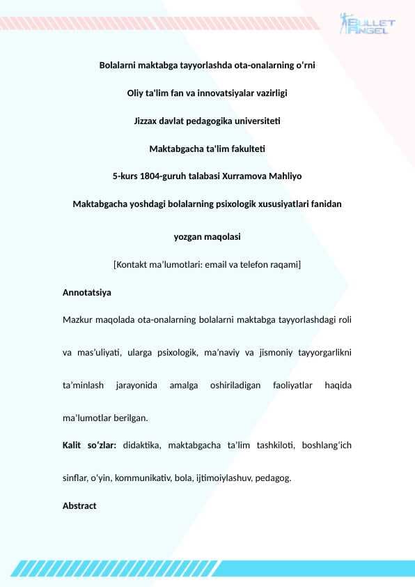 Bolalarni maktabga tayyorlashda ota-onalarning o‘rni