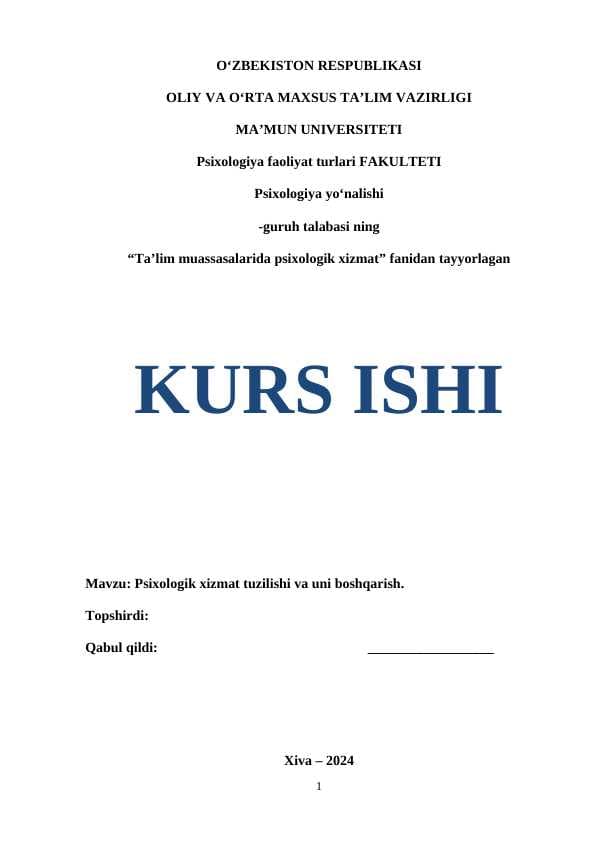 Psixologik xizmat tuzilishi va uni boshqarish