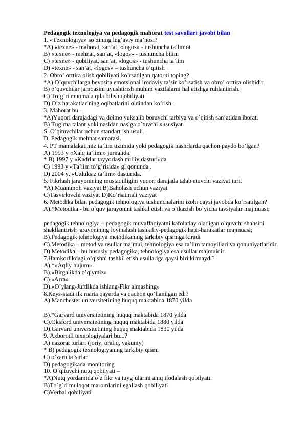 Pedagogik texnologiya va pedagogik mahorat test savollari javobi bilan