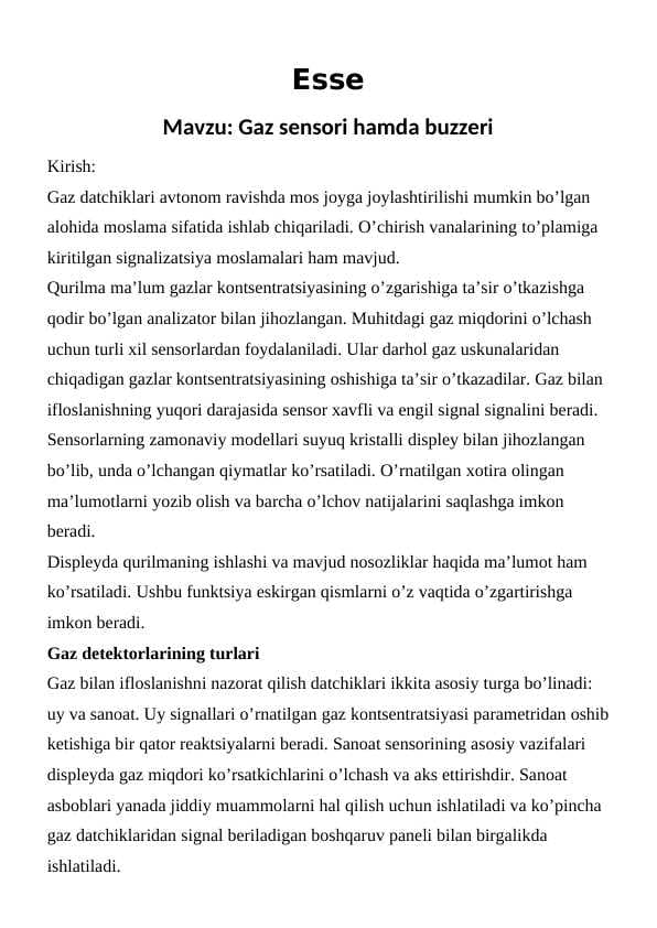 Gaz sensori hamda buzzeri