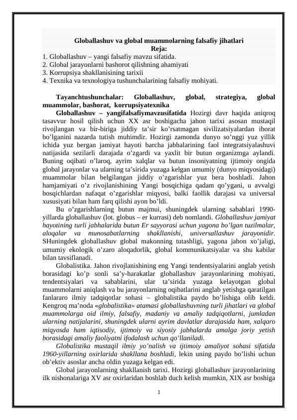 Globallashuv va global muammolarning falsafiy jihatlari