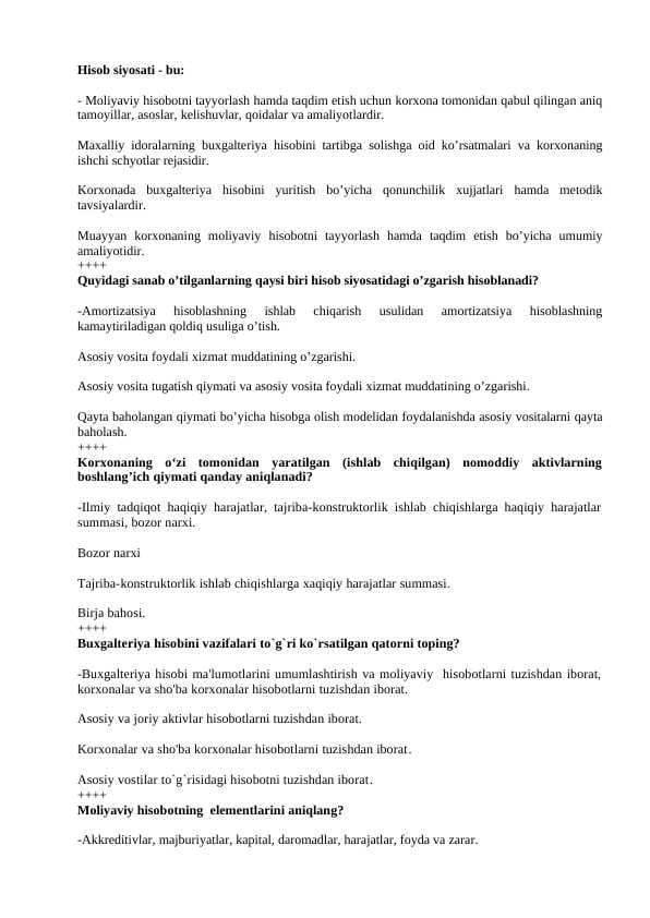 Buxgalteriya hisobi fanidan test, 200 talik javoblari bilan