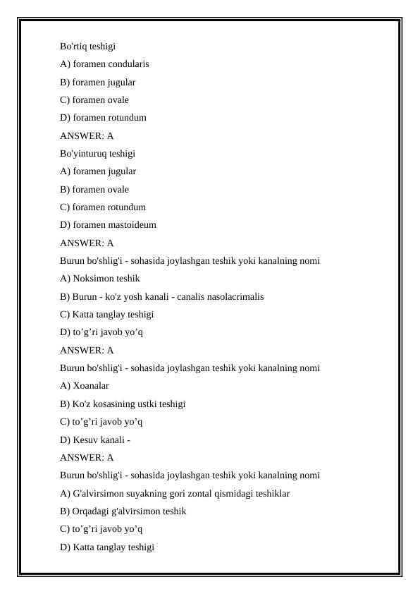 Anatomiya fanidan test - osteologiya