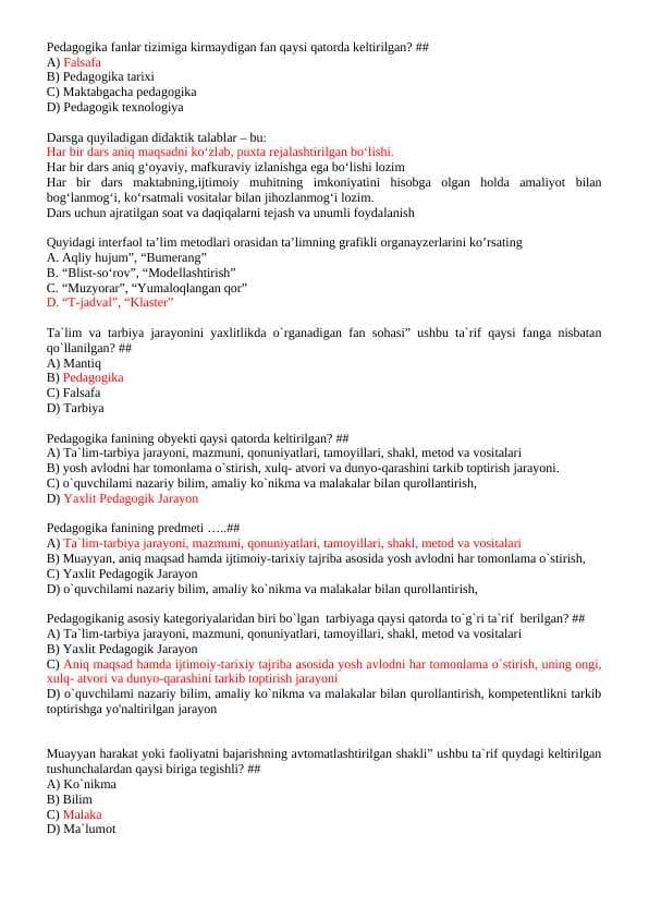 Umumiy pedagogikadan test savollari javoblari bilan