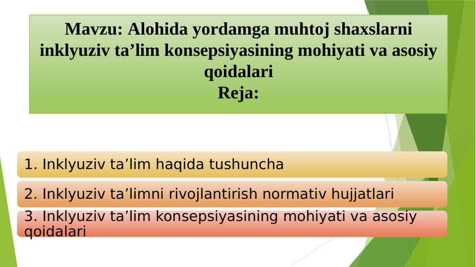 Alohida yordamga muhtoj shaxslarni inklyuziv ta’lim konsepsiyasining mohiyati va asosiy qoidalari