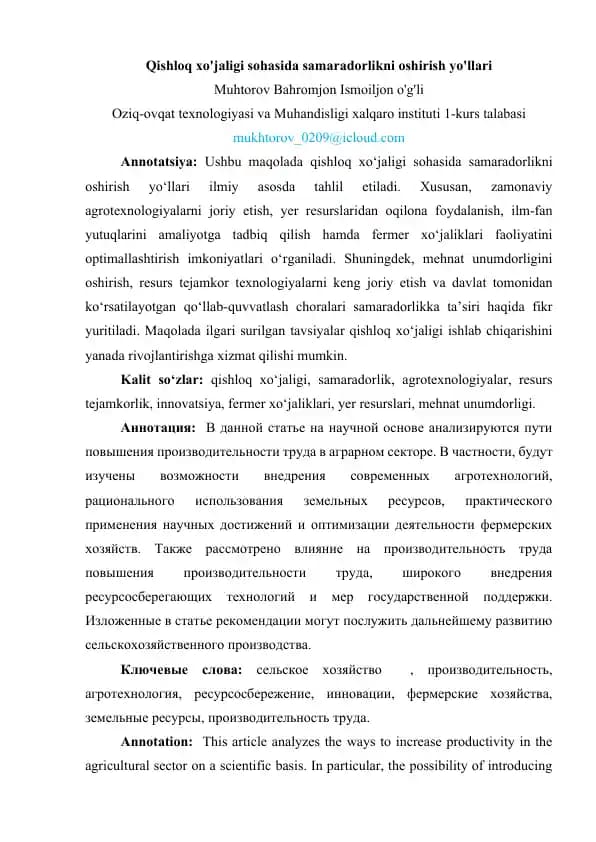 Qishloq xo'jaligi sohasida samaradorlikni oshirish yo'llari