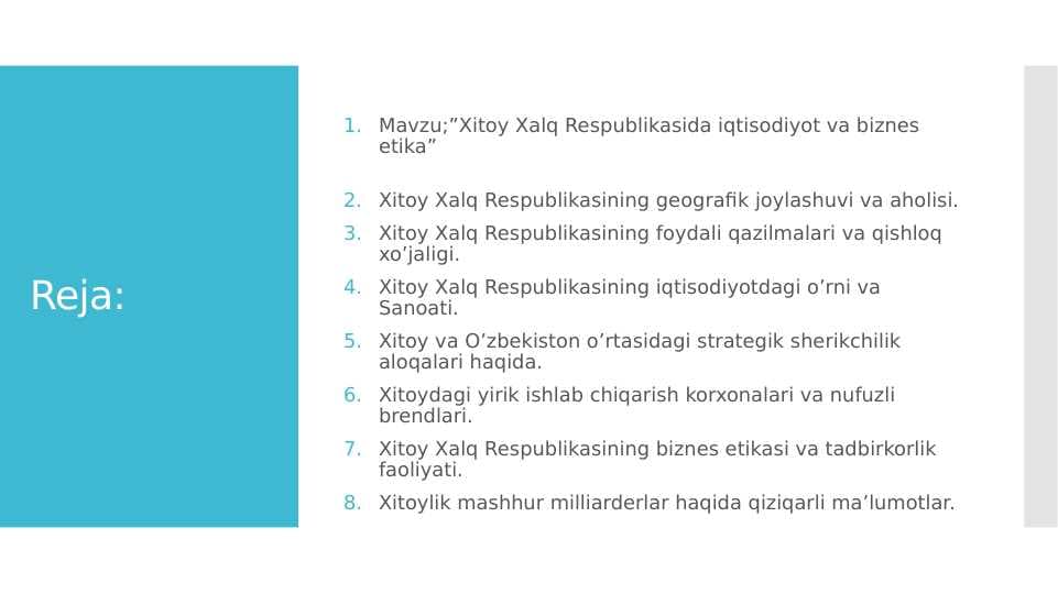 ”Xitoy Xalq Respublikasida iqtisodiyot va biznes etika” pptx