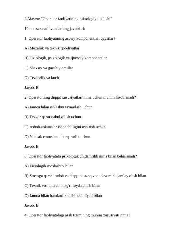 Operator faoliyatining psixologik tuzilishi"