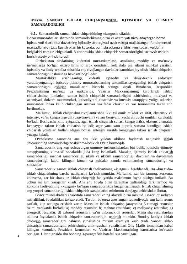 SANOAT ISHLAB CHIQARISHINING IQTISODIY VA IJTIMOIY  SAMARADORLIGI