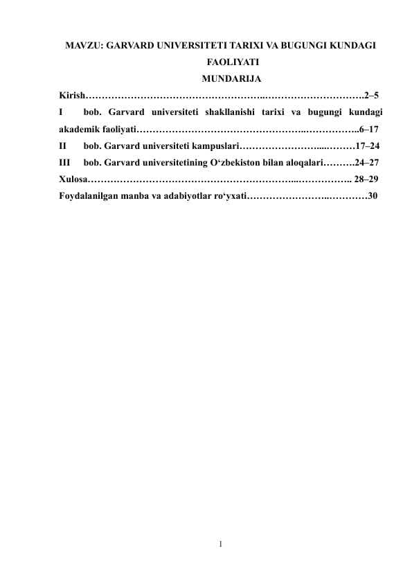GARVARD UNIVERSITETI TARIXI VA BUGUNGI KUNDAGI FAOLIYATI BMI