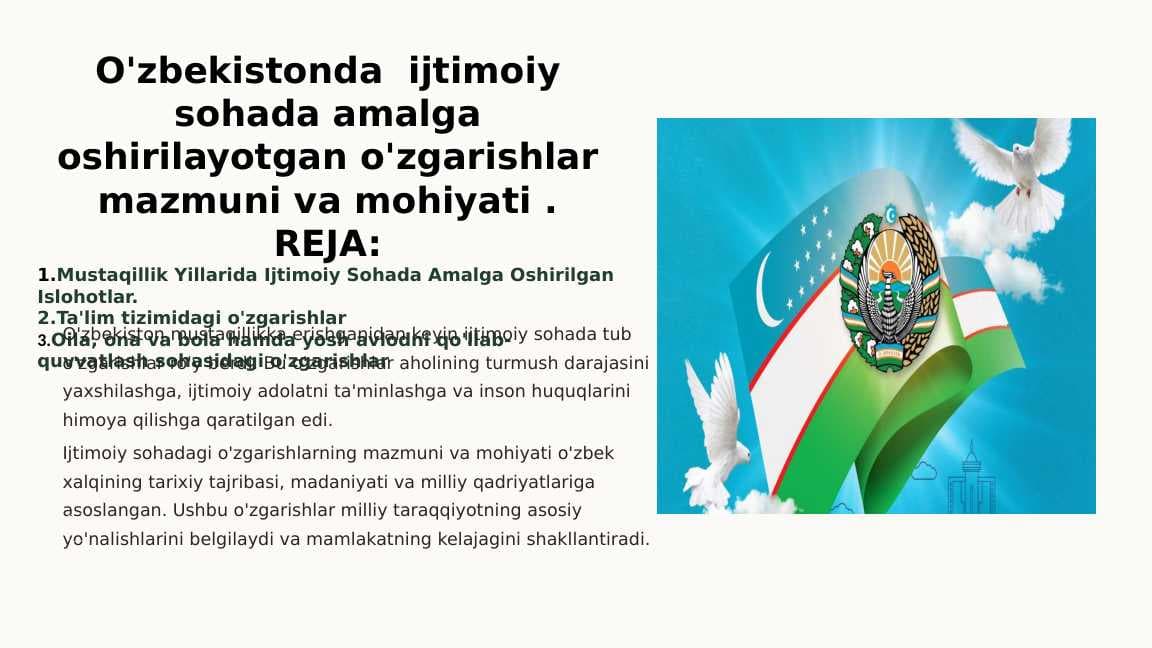 O'zbekistonda ijtimoiy sohada amalga oshirilayotgan o'zgarishlar
