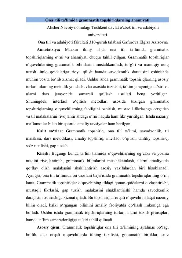 Ona tili ta'limida grammatik topshiriqlarning ahamiyati