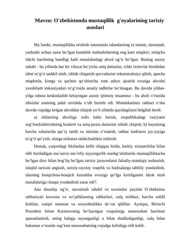 O'zbekistonda mustaqillik  g'oyalarining tarixiy asoslari