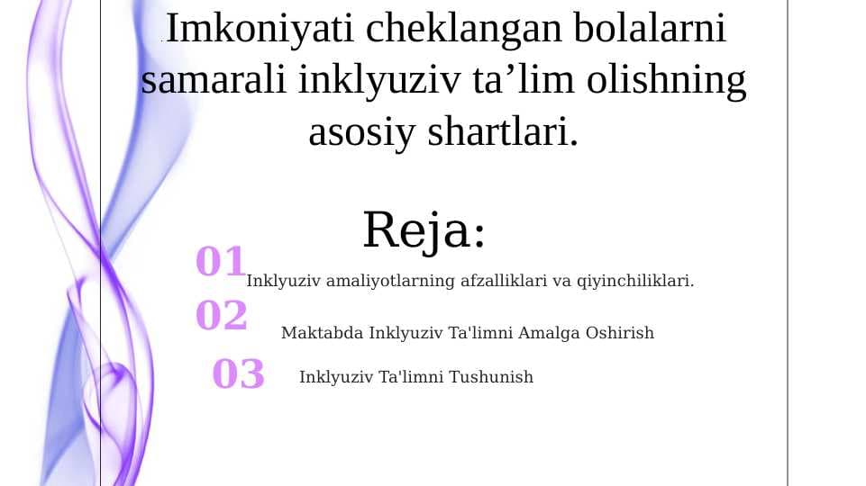 Imkoniyati cheklangan bolalarni samarali inklyuziv ta’lim olishning asosiy shartlari.