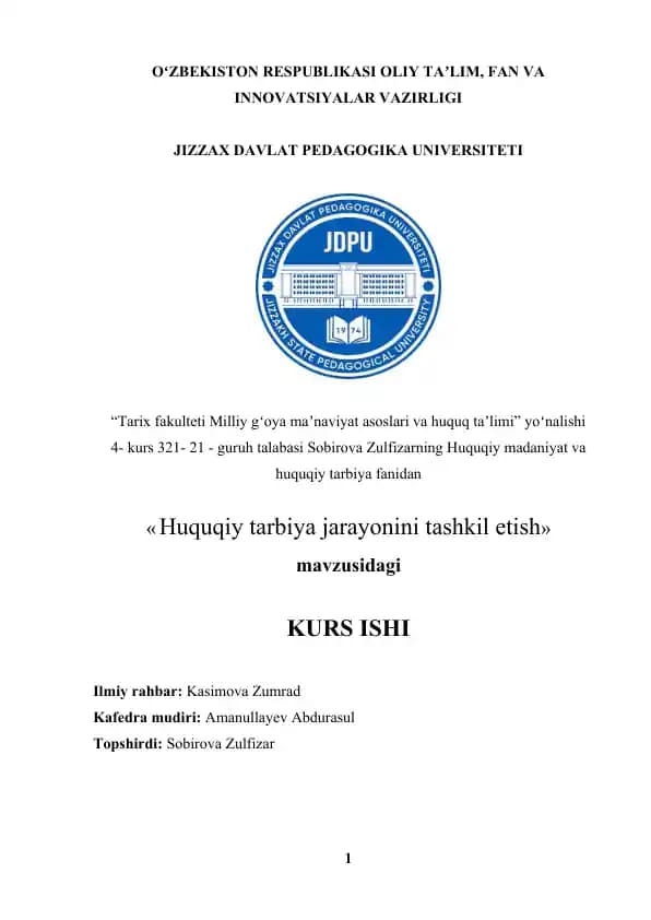 Huquqiy tarbiya jarayonini tashkil etish