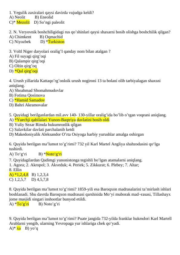 Tarix yangi testlar