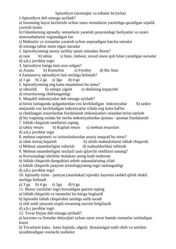 Iqtisodiyot test (tarmoq va sohalar bo'yicha) javoblari bilan