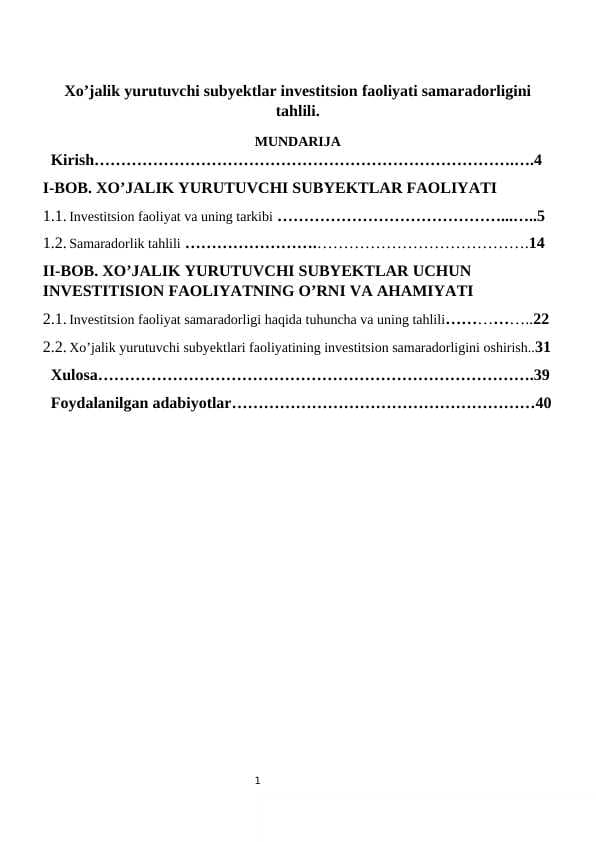 Xo’jalik yurutuvchi subyektlar investitsion faoliyati samaradorligini tahlili
