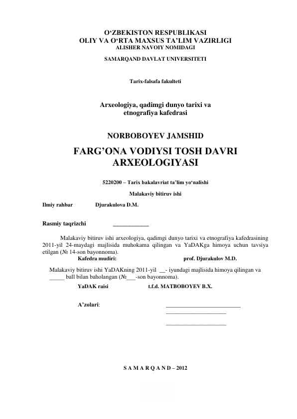 FARG’ONA VODIYSI TOSH DAVRI ARXEOLOGIYASI